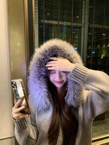 Women's Fur Collar Hooded Sweater Jacket, Korean Slouchy Petite Knit Top, Autumn/Winter - Grey - View 3