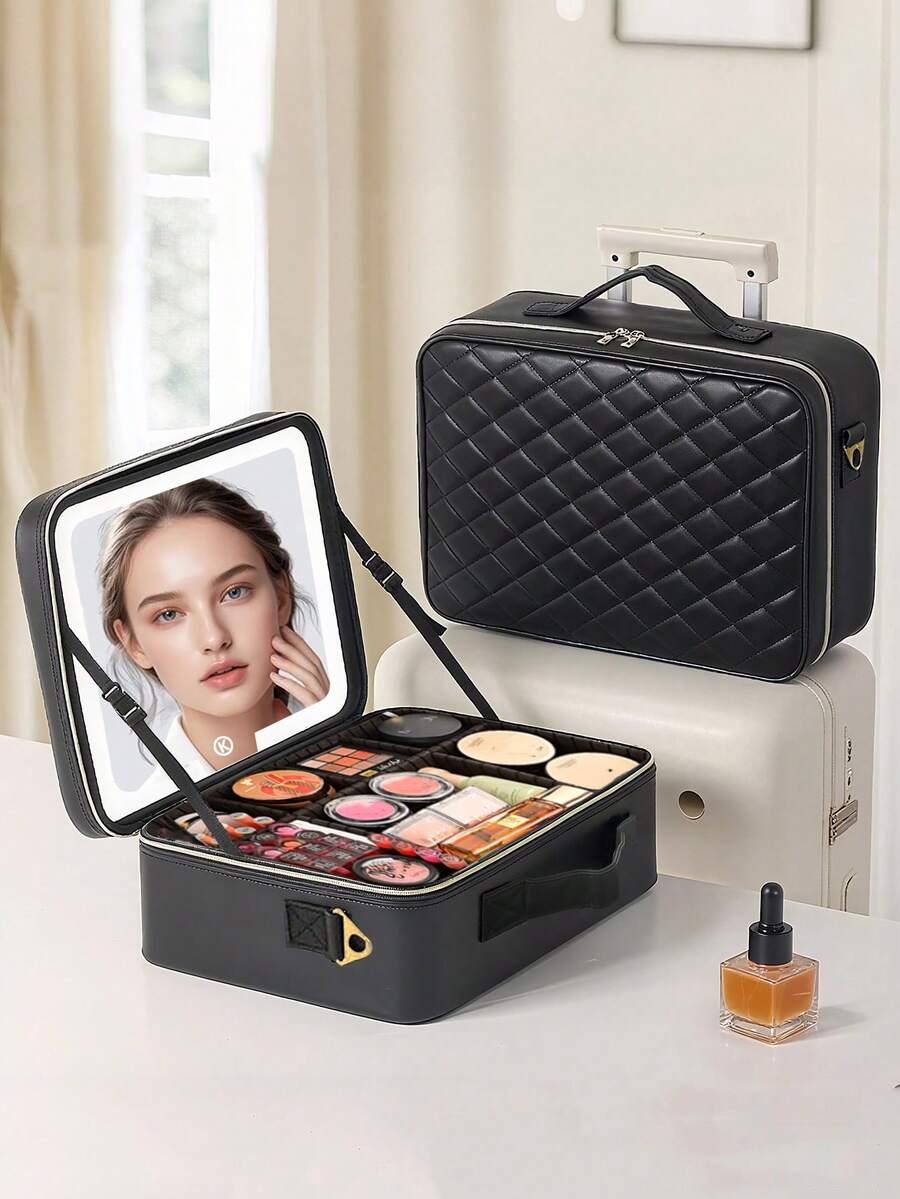 Premium Sewing Makeup Bag With LED Mirror, 31*24*12cm Large Capacity Portable Shoulder Cosmetic Box, Suitcase Insert Design, Multi-Functional Storage Case For Cosmetics, Phones & Sundries, Suitable For Travel, Home & Presents