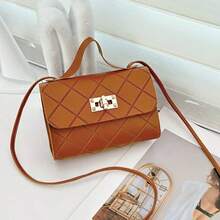 2025 新款女士化妆包压纹菱形图案单肩包，简约经典迷你小包 - 棕色 - 查看 1