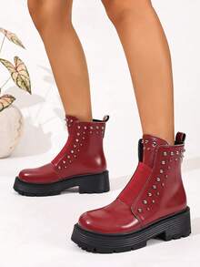 Botas cómodas y casuales de suela gruesa, hechas a mano con hebilla y elástico, de color rojo/negro, con tacón grueso y cuña, nuevas para otoño/invierno