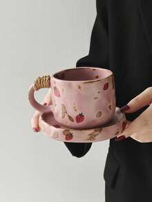 1set Vintage Crackle Glaze Ceramic Coffee Cup & Saucer Set, Cherry & Strawberry Mugs, Breakfast Milk Cup, Bread Plate, Home Afternoon Tea Coffee Cup, Latte Art Cup, Juice Beverage Cup, Couple Water Cup, Holiday Gift For Family & Friends