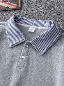 Camisa polo de hombre con parches a rayas, adecuada para primavera y otoño - Gris Claro - Ver 3