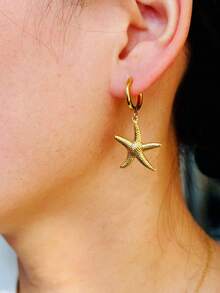 1 par de pendientes elegantes de acero inoxidable con diseños de hoja, luna, octágono, pentágono, herradura, corazón y estrella de mar, adecuados para el uso diario de las mujeres