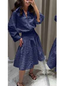 2pcs Women's Spring/Autumn Fashion Shirt And Skirt Set - Blue - View 7