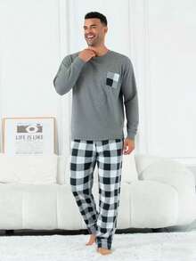 2pcs Men's Plus Size Casual Loose Solid Crew Neck Long Sleeve Top With Pockets & Plaid Pants Pajama Set, Suitable For Spring, Autumn, Winter, Valentine's Day Gift