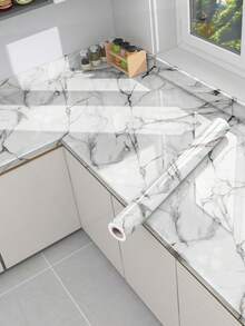 1pc New Blue Gilded Marble Pattern Kitchen Oil-Proof Sticker Waterproof Self-Adhesive High Temperature Resistant Cabinet Countertop Film Stove Refurbishing Marble Sticker, Stickers, Wall Decal, Vinyl Decal For Home Decorations, Spring Decoration Items Refresh Your Home, Rama Decoration Stickers Gifts Birthday Graduation