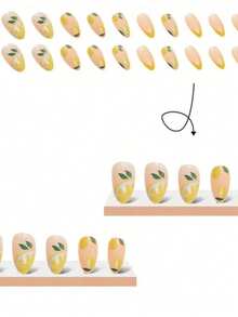 24 Peças de Unhas Postiças Curtas em Formato de Amêndoa, Cor de Pele Nua com Ponta Rosa, Formato de Folha de Limão, Brilhante, Conjunto Completo, Adequado para Uso Diário por Mulheres e Meninas + 1 Peça de Cola de Gelatina + 1 Lixa