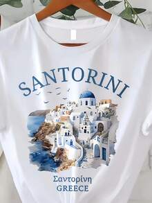 Santorini Print Crew Neck Short Sleeve T-Shirt For Women Summer And Spring Casual Top.Jpg - 白色5 - 查看 1