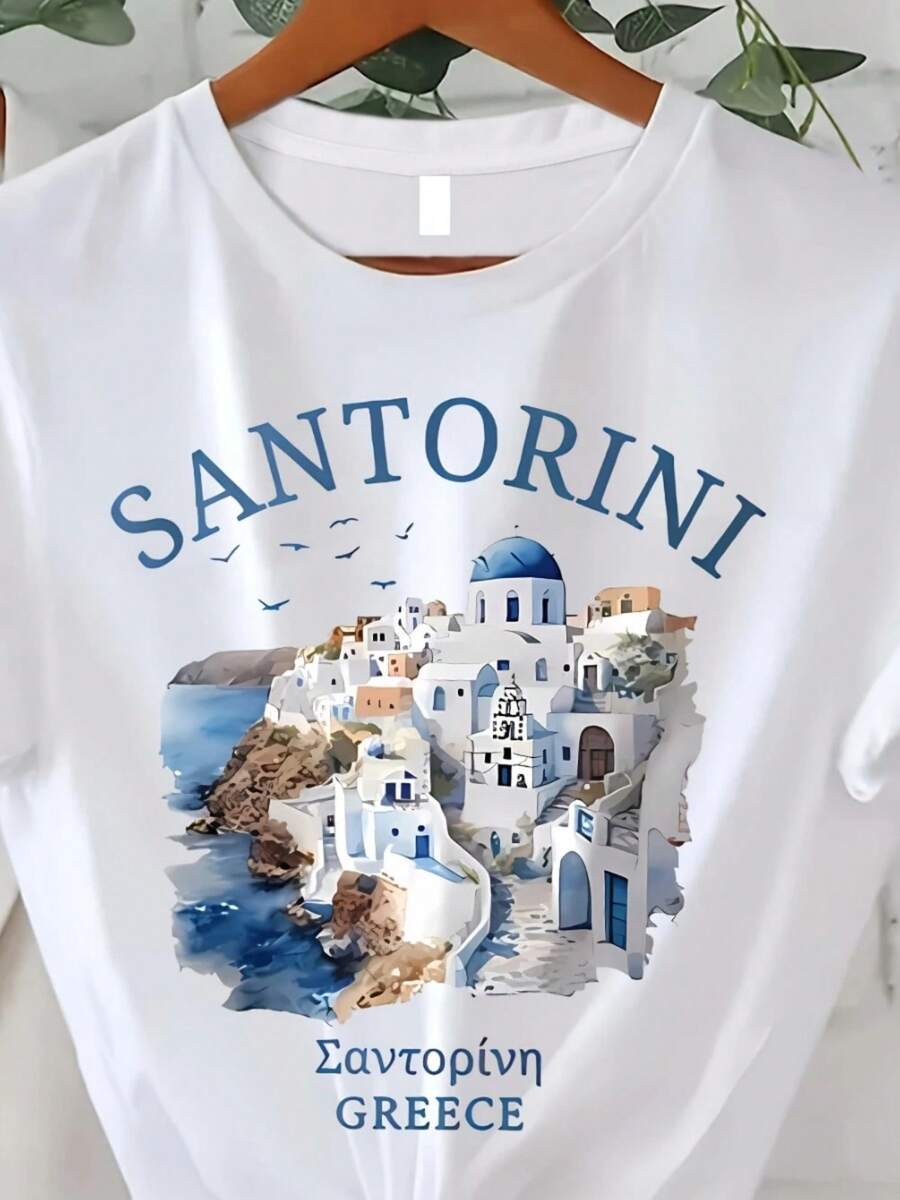 Santorini Print Crew Neck Short Sleeve T-Shirt For Women Summer And Spring Casual Top.Jpg - 白色5 - 查看 1