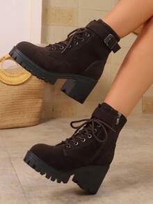Nouvelles bottes à talons hauts  pour l'automne avec boucle, bottes à talon épais et bout rond pour femmes - Marron - Voir 2