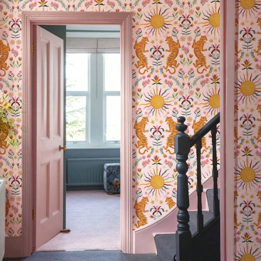 Cute Pink Cartoon Crawler Tiger Animal Wall Sticker, Self-Adhesive Waterproof, Retro Floral, Matte Finish, PVC, With Multi-Surface Adhesive, Drop Match Pattern, Detachable, For Wall Decoration - Multicolor - View 1