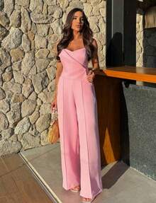 Women's Long Strap Jumpsuit With Button - Baby Pink - View 1