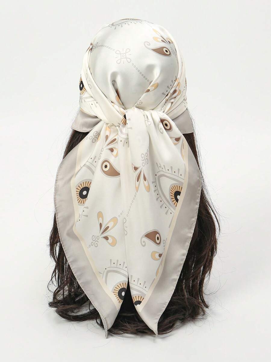 1pc Simple Printed 90cm Square Scarf, New Spring Bandana For Women, Versatile Waist Belt, Headband, Headwrap, Fashion Neckerchief - Khaki - View 1