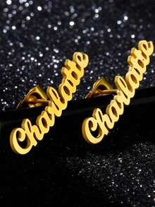 Customized Name Women's Earrings, Classic Stainless Steel Gold Cursive Letter Arch Earrings, Bohemian Style Summer Earrings, Personalized Pendant, Birthday Jewelry, Anniversary Gift For Wife, Couples, Christmas Present, Everyday Wear, Gold, Fashionable, Retro, Minimalist, Unisex - Multicolor - View 6