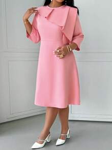粉色优雅加大码中长连衣裙，适合女士，七分袖，圆领，A字形喇叭裤 - 粉色 - 查看 1
