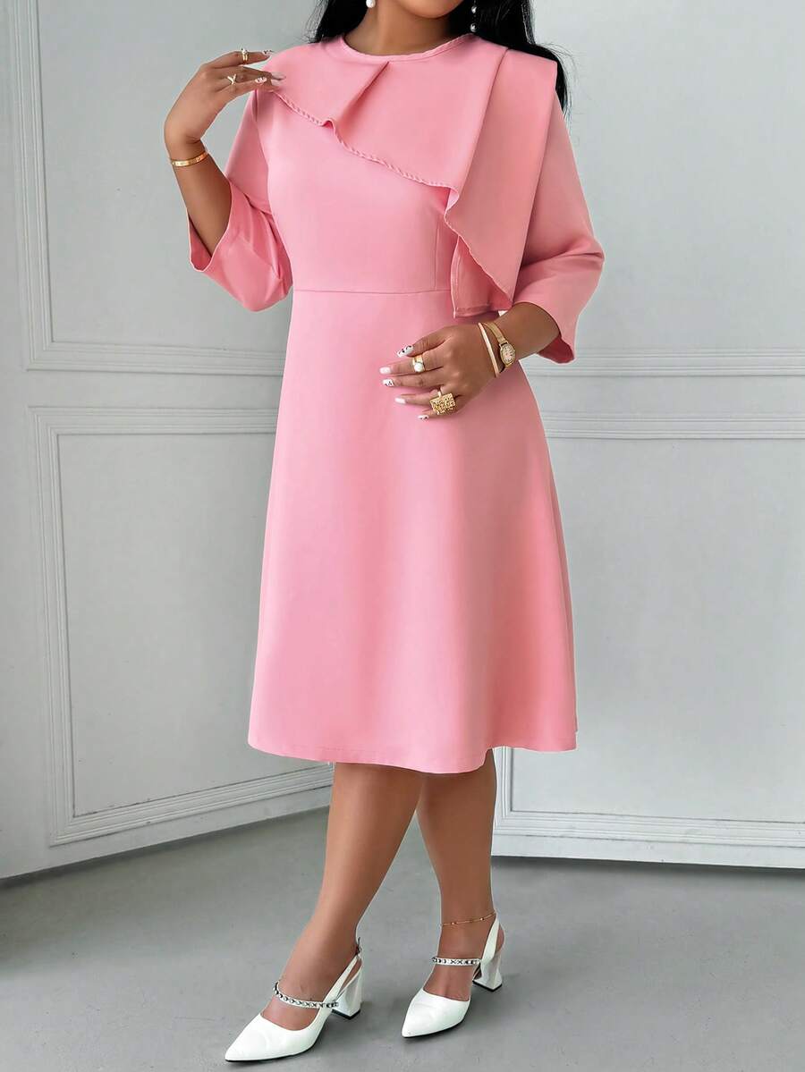 粉色优雅加大码中长连衣裙，适合女士，七分袖，圆领，A字形喇叭裤 - 粉色 - 查看 1