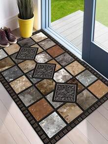 1pc New Red Stone & Tile Pattern Doormat, Suitable For Living Room, Bedroom, Indoor - Machine Washable - Flannel Material, Delicate Wrap, Skin-Friendly, No Pilling, Water-Resistant Easy Care, Odorless - Ideal For Home Decor, Room Decor, Living Room Carpet, Bedroom Carpet, Bathroom Carpet, Kitchen Carpet, Area Rug, Hotel Decor - Area Rug, All Season Use.