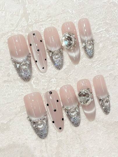 10pcs Oval Shaped Glitter French Manicure With Handpainted Cat Eye, Black Polka Dots & White Rhinestones Nail Stickers, Suitable For Dates, Parties, Concerts - Reusable, Comes With Mini Cuticle Pusher