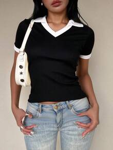 Playera camiseta tipo polo dama mujer casual crop top cuello puños contraste básica ceñida ajustada entallada acanalado cómoda fresca ligera diario moderna juvenil - Negro - Ver 4