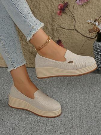 Plus Size Thick Sole Casual Slip-On Loafers, New Round Toe Solid Color High Heel Wedge Pumps For Women