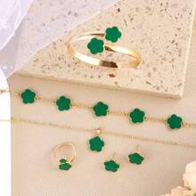 6pcs/Set Fashionable Women Jewelry Set - Lucky Flower Clover Design, Includes Necklace, Bracelet, Bangle, Ring, Earrings