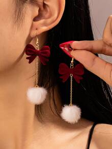 一对圣诞勃艮第蝴蝶流苏毛绒球耳环，优雅的女士珠宝，秋冬 - 蝴蝶結球 - 查看 1