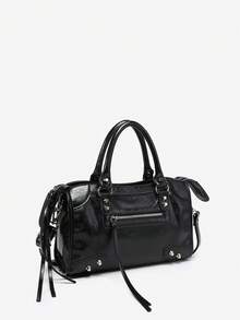 1 pieza Bolso de motocicleta estilo Boston de cuero sintético con efecto agrietado, decorado con remaches, estilo retro Y2K punk biker, con múltiples bolsillos, adecuado para salidas, citas y fiestas