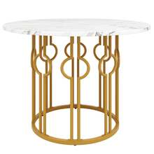 Round Dining Table (76cm), Kitchen Table, Round Coffee Table For 4 People, Suitable For Dining Room, Living Room, Metal Table Legs, MDF Marble Table Top, Gold Legs