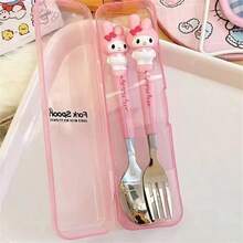 Sanrio 2pcs Stainless Steel Sanrio Hello Kitty & Kuromi Cutlery Set - Portable Cartoon Fork & Spoon Combo, Perfect For Kitchen, Dining, Camping, Picnics, And Christmas Gifts
