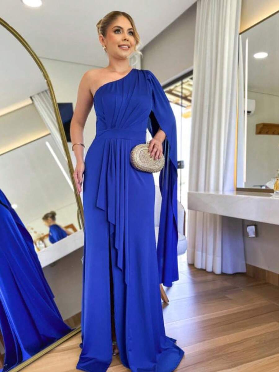 One Shoulder Long Prom Dress With Elegant Slit One Size Simple Elegant Party Beach - 藏蓝色 - 查看 1