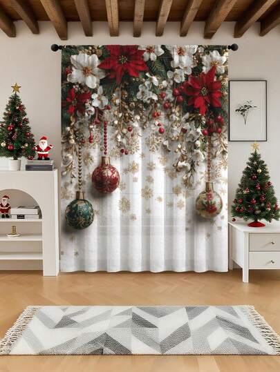 1 件圣诞主题印花窗帘 - 涤纶杆口袋窗帘，带有圣诞花卉、装饰、雪花装饰，适用于客厅、卧室、餐厅 - 节日窗户装饰、圣诞装饰