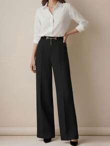 Pantalon femme à jambe ample de couleur unie avec pendentif chaîne métallique, style minimaliste mode, printemps/été - Noir - Voir 6