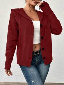 大码女式纯色纽扣抽绳开衫，长袖轻薄单排扣休闲商务毛衣 - 深紅色 - 查看 5