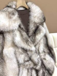 Damen Winter Colour-Blocking Mantel mit großem Kragen und mittlerer Länge, künstliches Fell, europäischer und amerikanischer Modestil, oversized künstlicher Fellmantel
