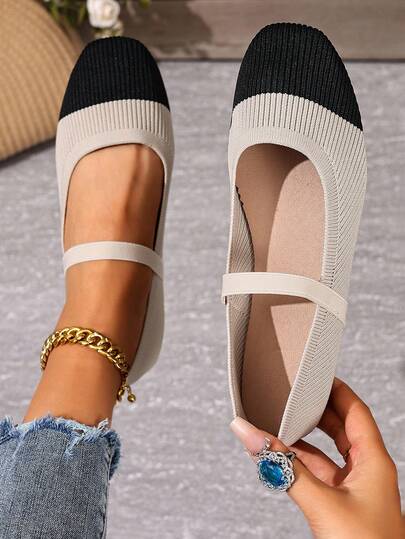 Giày bệt nữ cỡ lớn màu be dệt kim, giày búp bê thời trang thoải mái, giày lười mũi vuông thường ngày, giày dệt ghép mảnh thoáng khí.