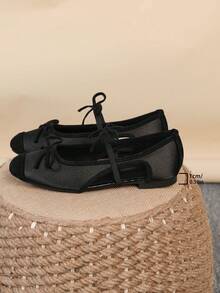 Women's Ballet Flats, Fashionable Square Toe Slip-On Soft Bottom Shoes, Versatile Flat Shoes, Black Hollow Flat Bowknot Loafers, Size Run Large, Plus Size 35-43