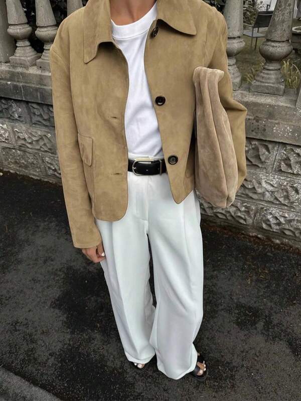 Veste décontractée pour femmes en polyester de couleur unie avec poches et boutons devant, pour un port quotidien