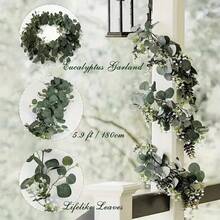 1 pièce/2 pièces/4 pièces Couronne d'eucalyptus, 1 paquet de 5,7 pi de guirlande de feuilles d'eucalyptus artificielles mélangées, couronne verte à suspendre, plantes pour centre de table de salle à manger de style ferme, manteau de cheminée, arche de mariage, décoration de Noël, décoration de chambre, décoration de maison, décoration de cuisine, décoration de mariage, centre de table, décoration de bureau, décoration de jardin, décoration extérieure - Vert - Voir 12