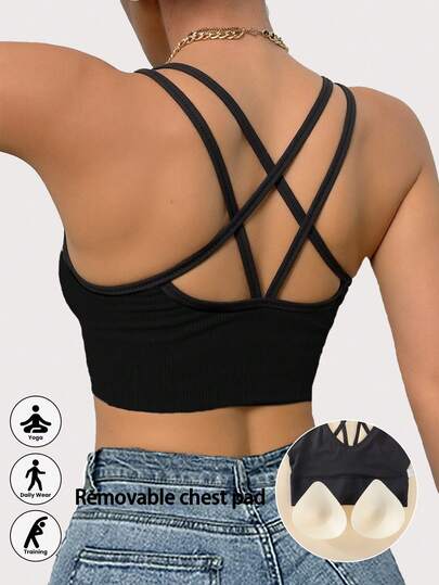 1pc Women Seamless Solid Color Removable Padded Criss-Cross Back Sports Bra, Suitable For Yoga And Workout