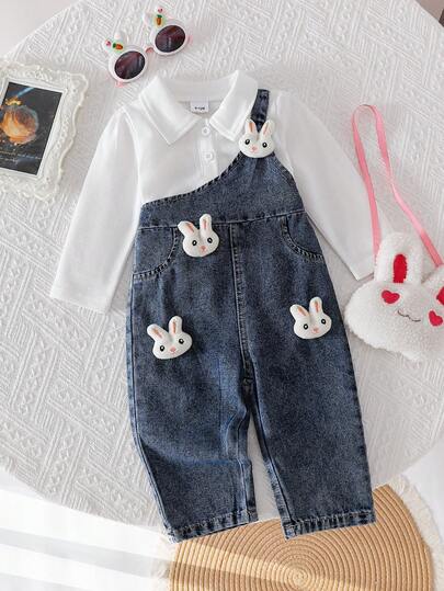 2pcs Baby Girls' Bubble Long Sleeve Polo Shirt And 3D Rabbit Denim Pants Set, Cute Casual Outfit For Outdoor Play, Collegiate Style