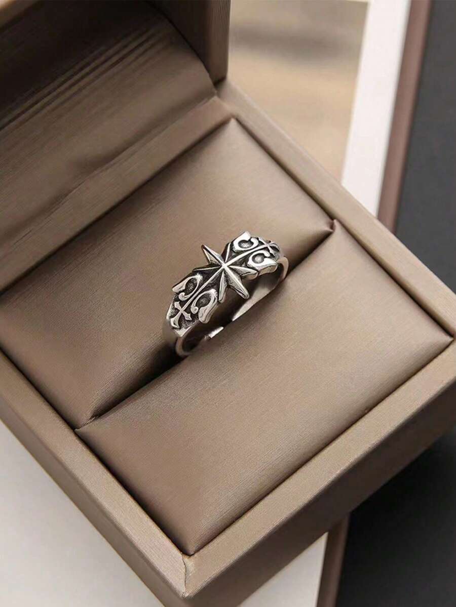 1Pc Vintage Star Decor Ring For Men For Daily Decoration Copper Silver Color