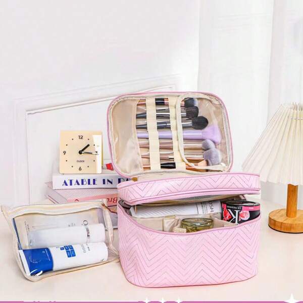 1 pezzo Borsa cosmetica da donna a doppio strato in PU, borsa organizer per articoli da toeletta impermeabile di grande capacità, borsa da viaggio multifunzione, regalo per amici, regali di Natale, pochette, da viaggio, regali per donne, articoli essenziali da viaggio per donne, pochette, clutch/borsa piccola, organizer per il trucco, pochette, porta pennelli, mini pochette, pochette di grande capacità