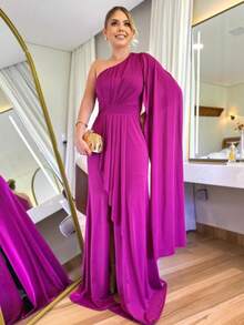 One Shoulder Long Prom Dress With Elegant Slit One Size Simple Elegant Party Beach - 玫瑰紅 - 查看 1