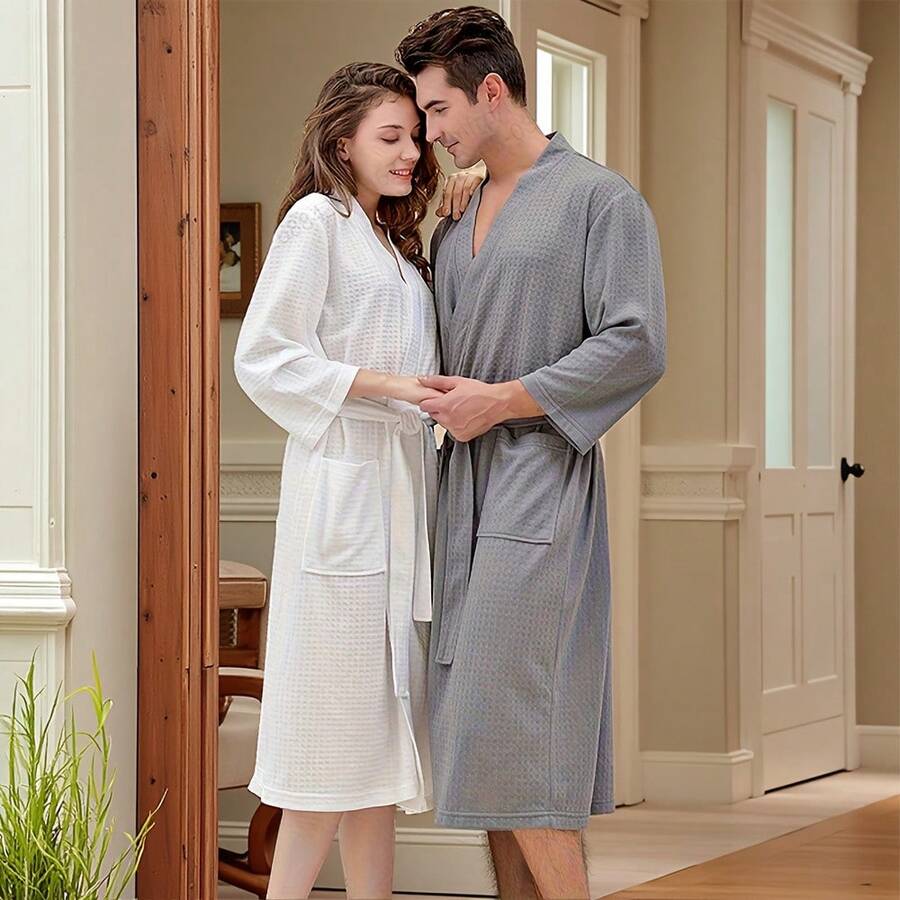1 件轻便时尚浴袍，适合居家、海滩、酒店使用，速干、亲肤、情侣家居服、简约格子设计、性感睡衣返校