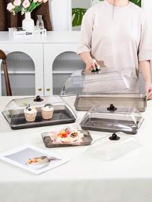 Plastic PET Material, Multi-Size Rectangular Display Trays With Dustproof Lid Cover, Unbreakable, Reusable Fruit Plate, Dessert, Snack, Cake Tray, Suitable For Various Festivals, Weddings, Parties, Banquets - Smoke Gray - View 4