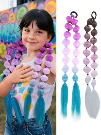 2 extensões de cabelo de 22 polegadas com rabo de cavalo bolha ombré, elásticos para rabo de cavalo com gradiente de 3 cores, extensões de cabelo sintético coloridas para crianças, adequadas para Halloween, Natal e festas de Ano Novo
