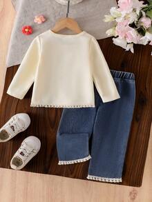 2 件套女婴时尚简约波西米亚风格长袖 T 恤，带 3D 蝴蝶结和流苏饰边和松紧腰牛仔裤套装 - 杏色 - 查看 3