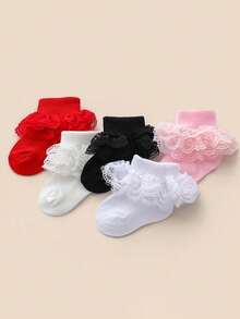 5 Pairs Baby Girl Socks, Fit For 0-3 Years Old, Short Socks With Lace Trim, Christmas Children Socks, New Year Socks, Comfortable Princess Socks Suitable For Newborns, Lace Socks, Soft And Comfortable, Available In Pink, Black, Red, Beige And White, Suitable For Baby's Daily Wear In All Seasons - Multicolor - View 15