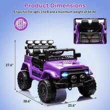 Huisuilinss Kids Ride On Truck,12V Ride On Car,Electric Car With 5MPH Max Speed,Remote Control,Steering Wheel,Accelerator Pedal,Treaded Tires,Music,Ride On Toy For Kids Ages 37-96 Months - Màu tím - Xem 2