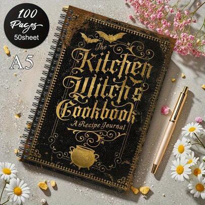 1 pieza Libro de recetas estilo gótico vintage - Cubierta elegante negra y dorada con bordes ornamentados, Diario de recetas A5 (5"X8.3") - Adecuado para la cocina, el comedor o el libro de hechizos de una bruja - Regalo para cocineros, pasteleros y decoración gótica, Cuaderno de tapa dura duradera para planes de cocina, hechizos o - Libro de cocina retro, Decoración de cocina gótica, Encuadernación espiral, Diseño de cubierta en relieve, Debossing intrincado, Adecuado para Halloween